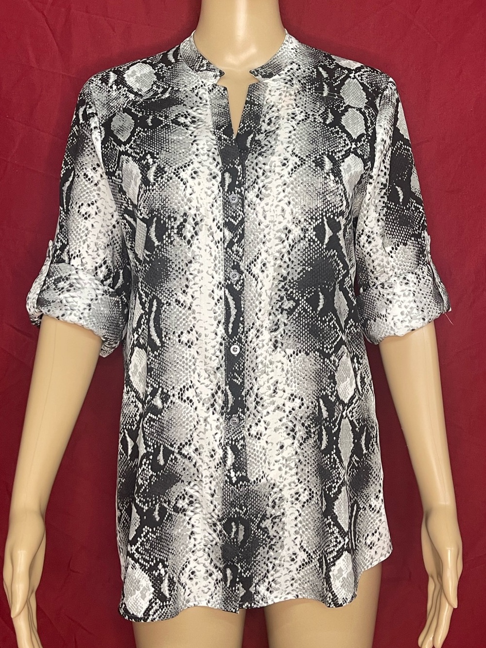 Karl Lagerfield Paris Python Snake Print Roll Tab Button Tunic Blouse Small
